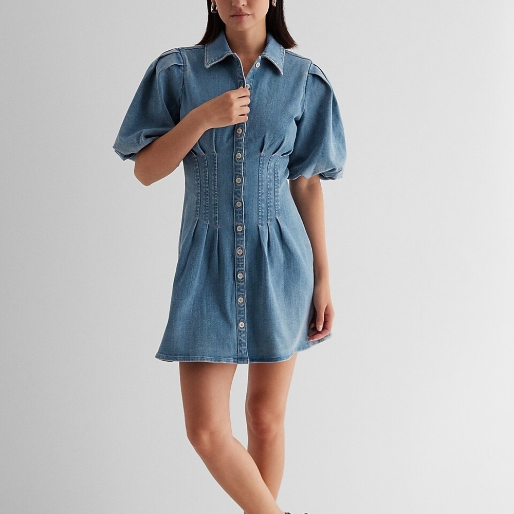 Express Denim Puff Sleeve Corset Button Up Mini Shirt Dress